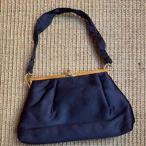 Vintage 1960s Bags by Josef Elegant Navy Blue Satin Handbag Purse